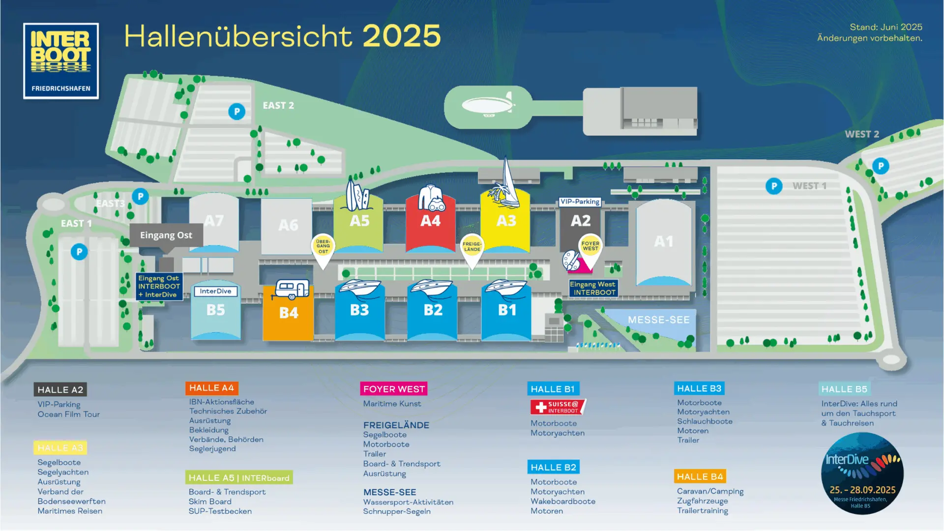 Hallenplan der Interboot Friedrichshafen 2025 mit Bereichen für Segelboote, Yachten und Zubehör